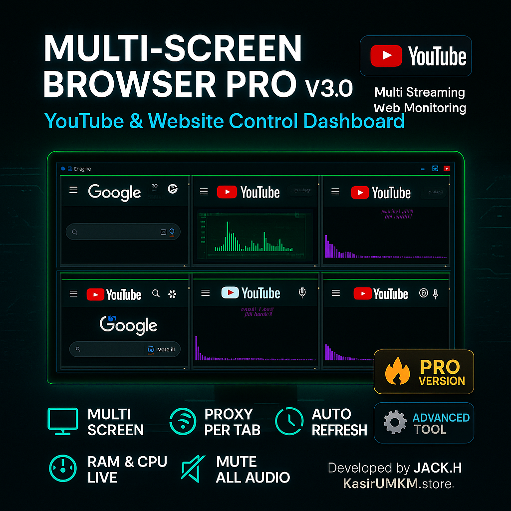 Tampilan Multi-Screen Browser Pro v3.0 (grid multi-screen)